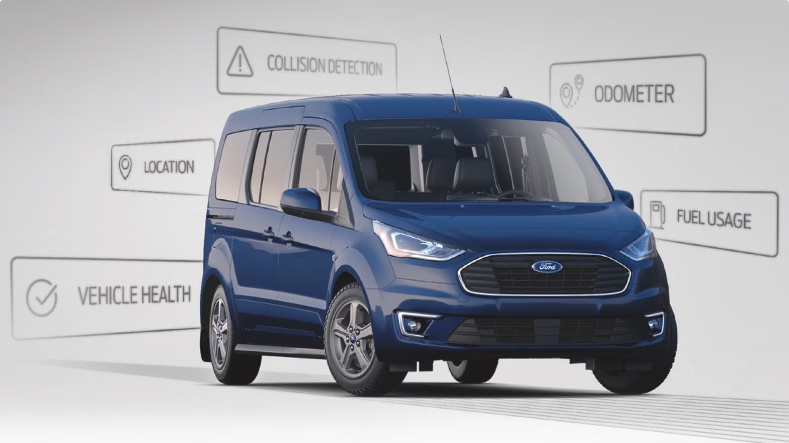 Blue Ford van with digital indicators for vehicle data features.