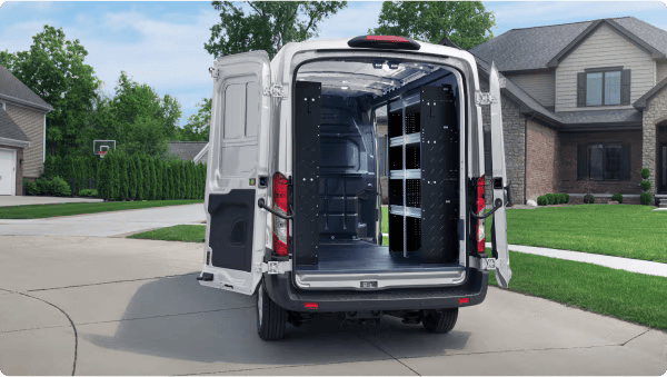 Rear view of open back door of van