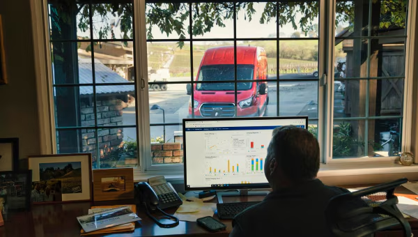 A man tracking delivery data as red van arrives outside window