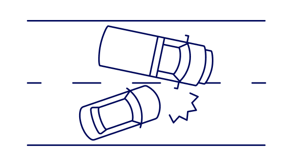 Illustration of a two-car collision at an angle on a road