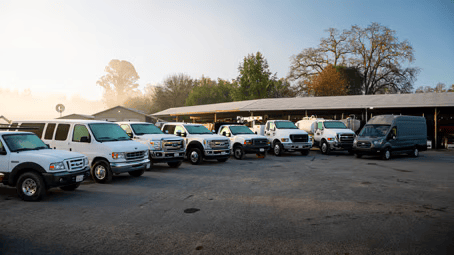 Row of white Ford service vans parked outdoors near a building