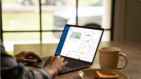 Person analyzing dashboard data on laptop at home with coffee and toast.