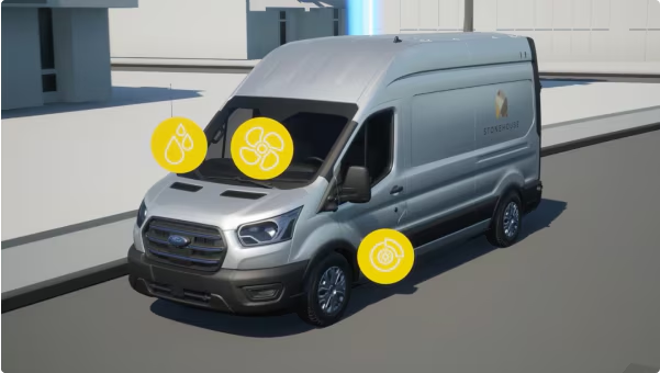 Red dump truck at worksite with equipment tracker highlighting excavator.