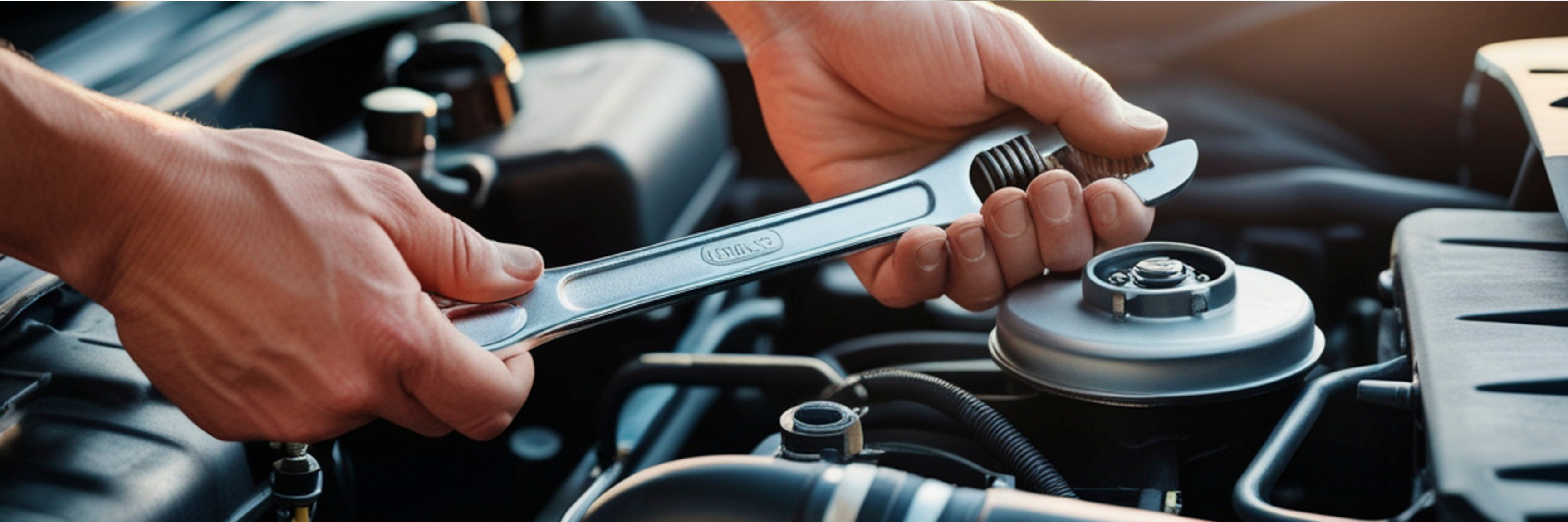 A Ford technician holding a wrench while working on a Ford vehicle